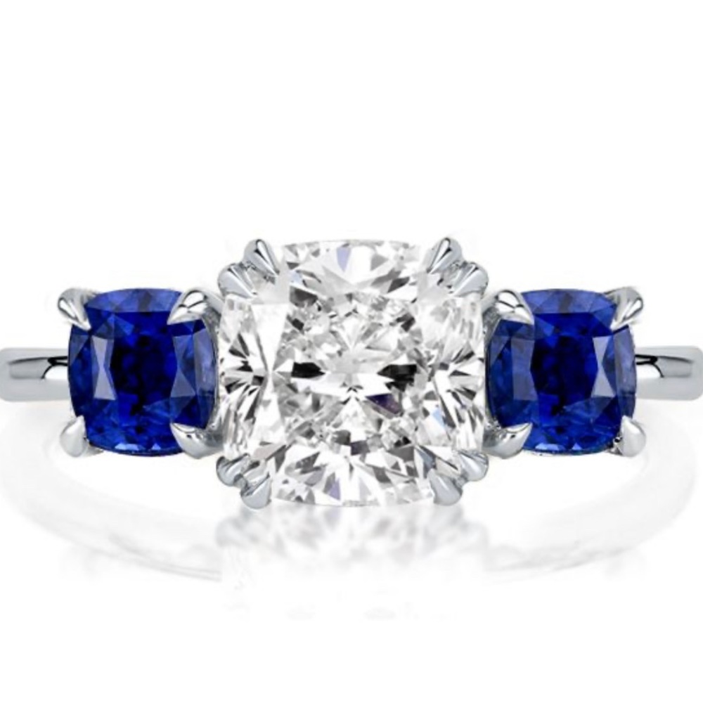 Italo Three Stone Cushion Cut Blue Topaz Engagement Ring - Picture 2 of 7
